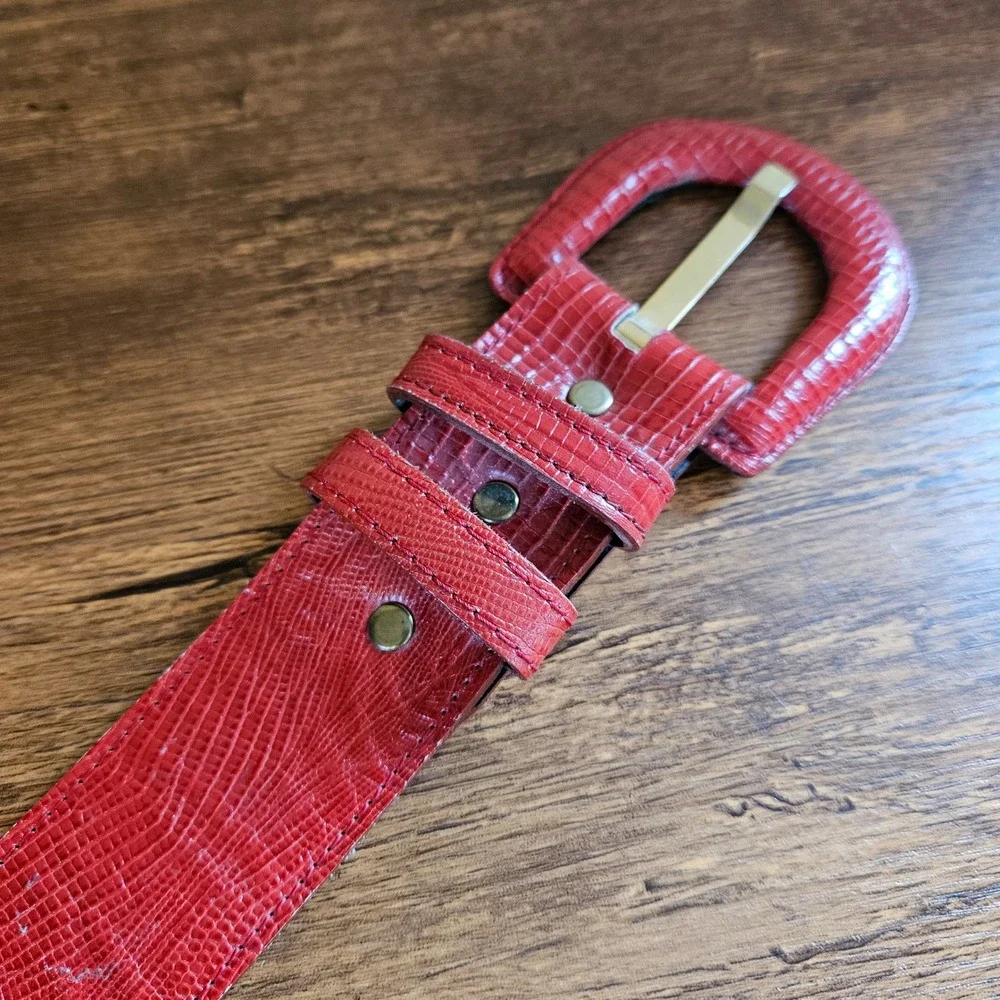 Vtg Patricia Green Red Faux Lizard Skin Belt USA Made Covered Buckle M 80s 90s